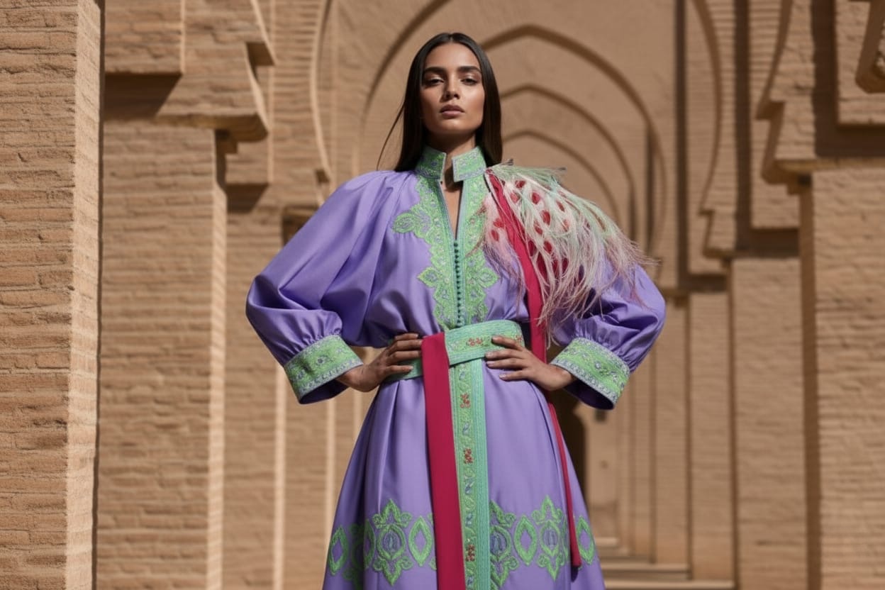 A model showcasing a vibrant purple traditional dress with green embroidery, complemented by dramatic feather details, set against a backdrop of ancient architectural arches.