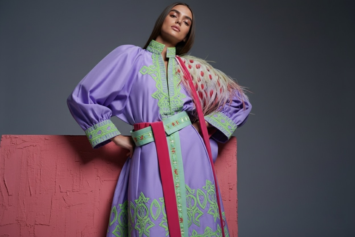 A model poses confidently in a striking purple dress featuring intricate green embroidery and a bold red sash, set against a contrasting textured pink background.