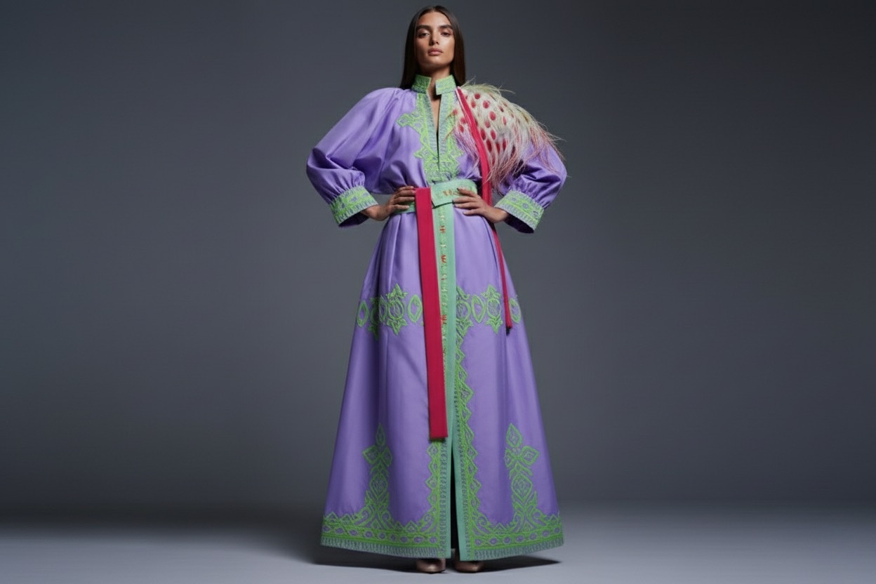 A model showcases a stunning long purple gown adorned with intricate green embroidery and complemented by a vibrant red sash.