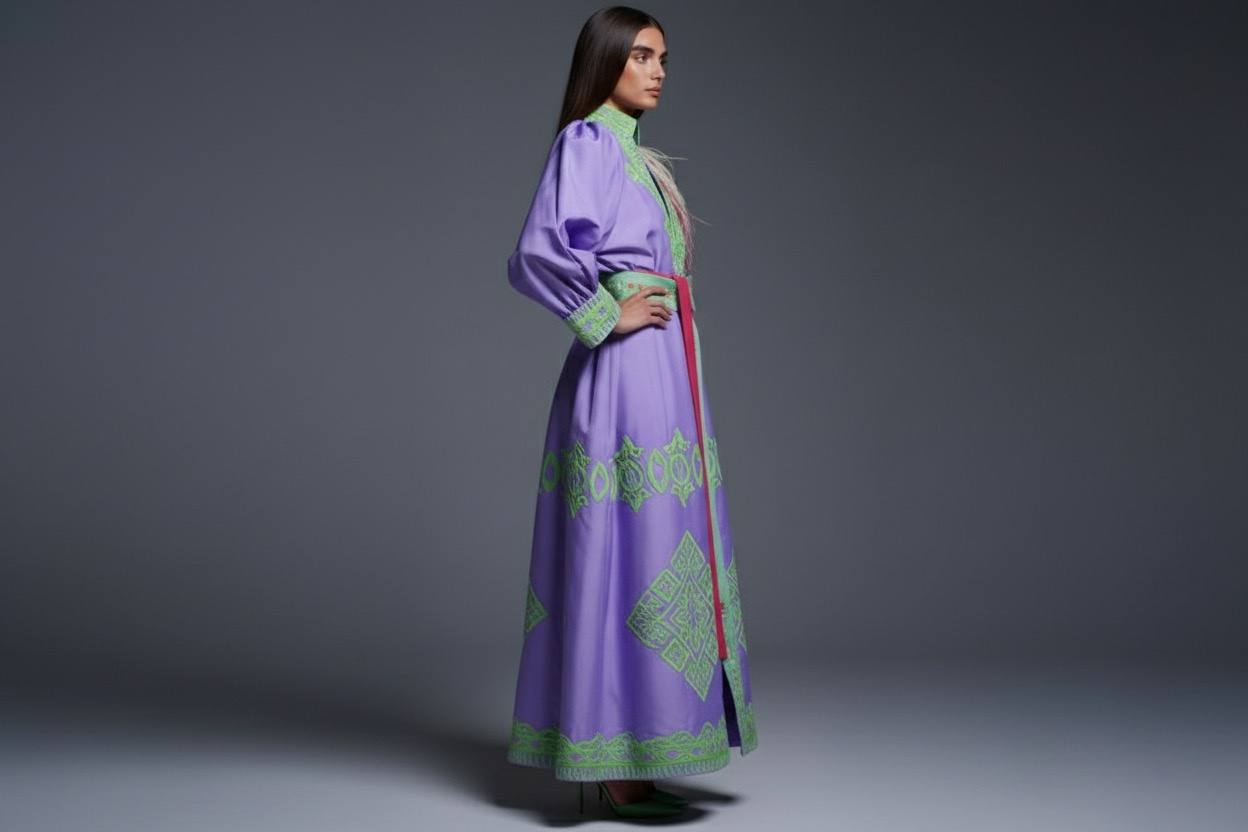A model poses in profile wearing a flowing purple dress adorned with intricate green embroidery, set against a neutral backdrop.