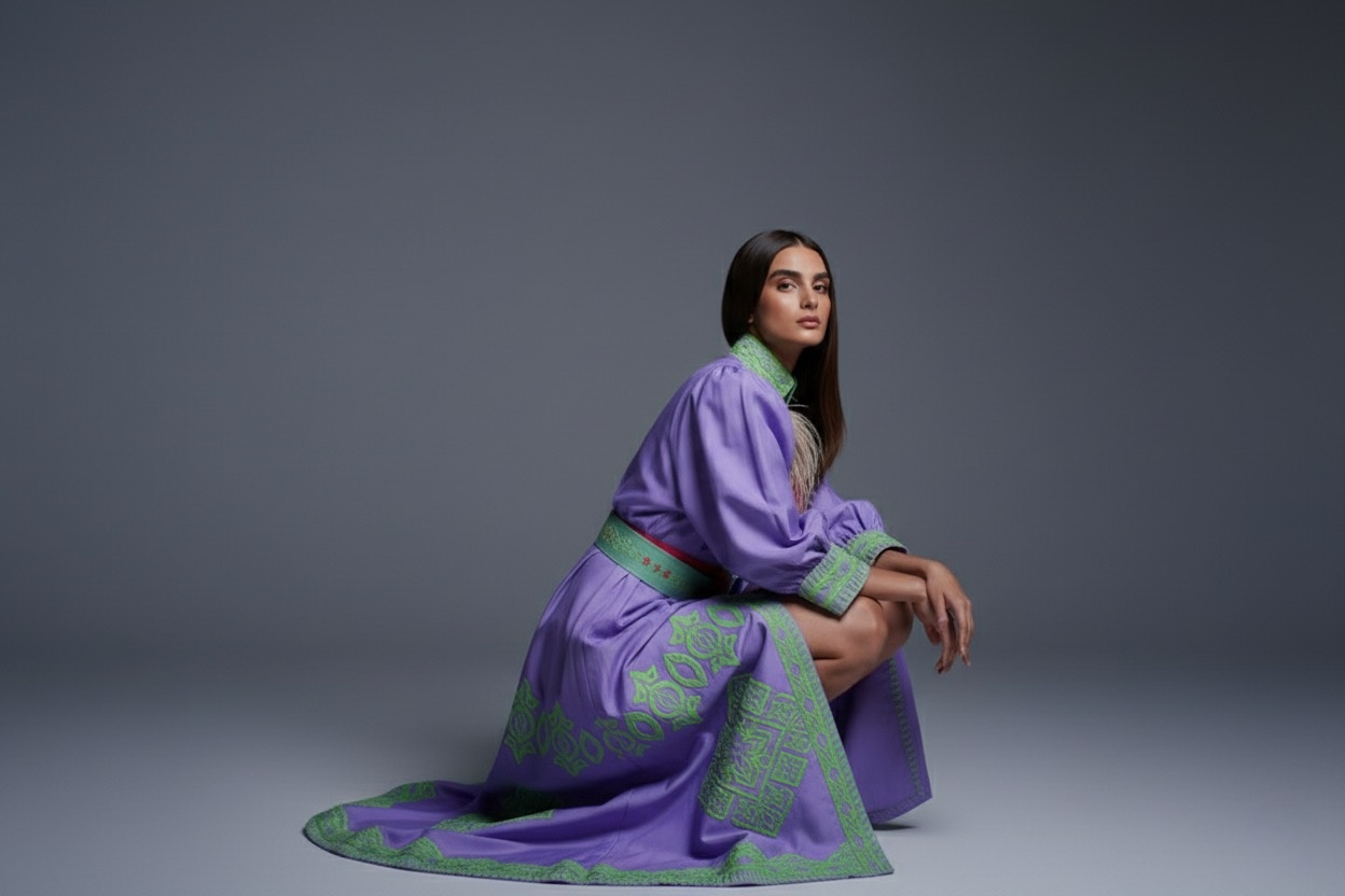 A model poses gracefully in a vibrant purple traditional dress adorned with green embroidery, set against a minimalistic gray background.