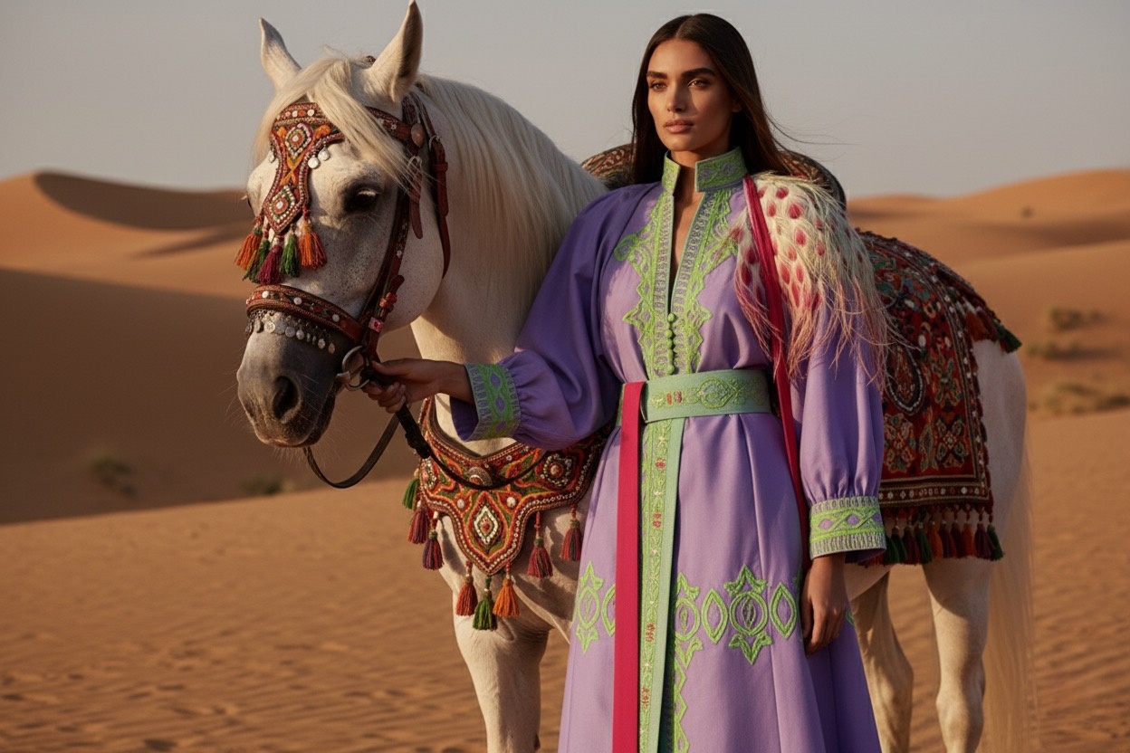 A woman in a colorful traditional outfit stands beside a beautifully adorned white horse in a vast desert landscape.
